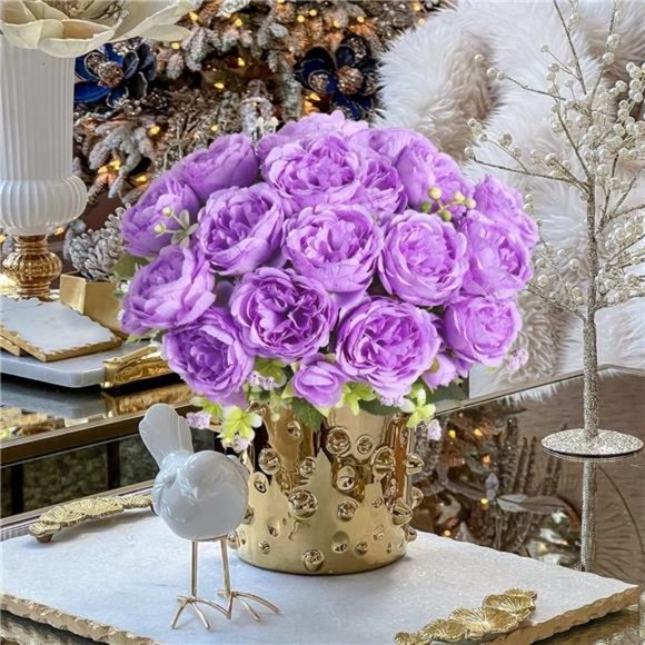 Artificial Peonies Silk Flowers, Purple Faux Peony Bouquet 4 Bundles Florals - Picture 6 of 6